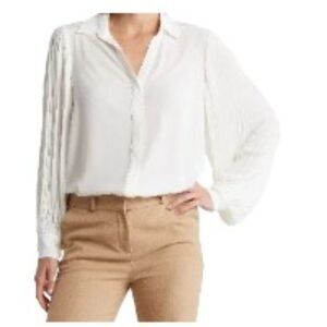 T Tahari Pleated Sleeve Button Blouse White Medium NWT